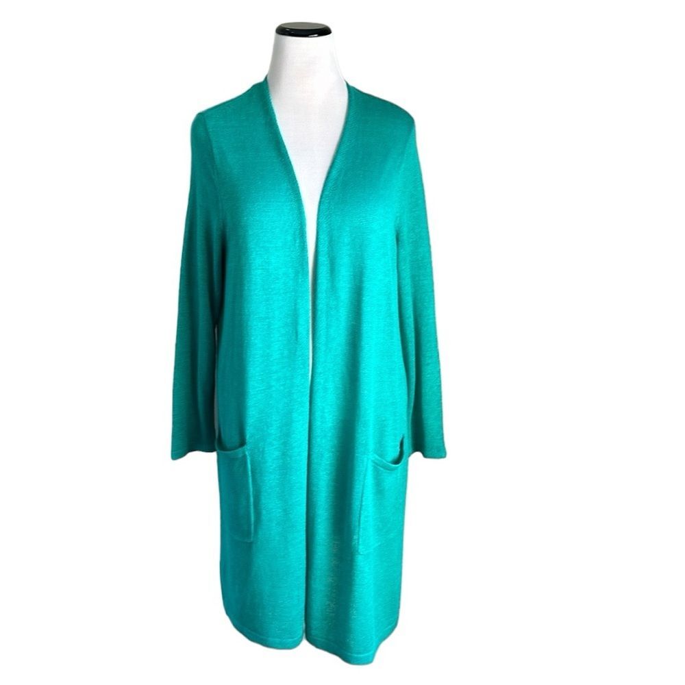 J. Jill Women’s Linen Blend Lightweight Green Open Front Long Cardigan  1X